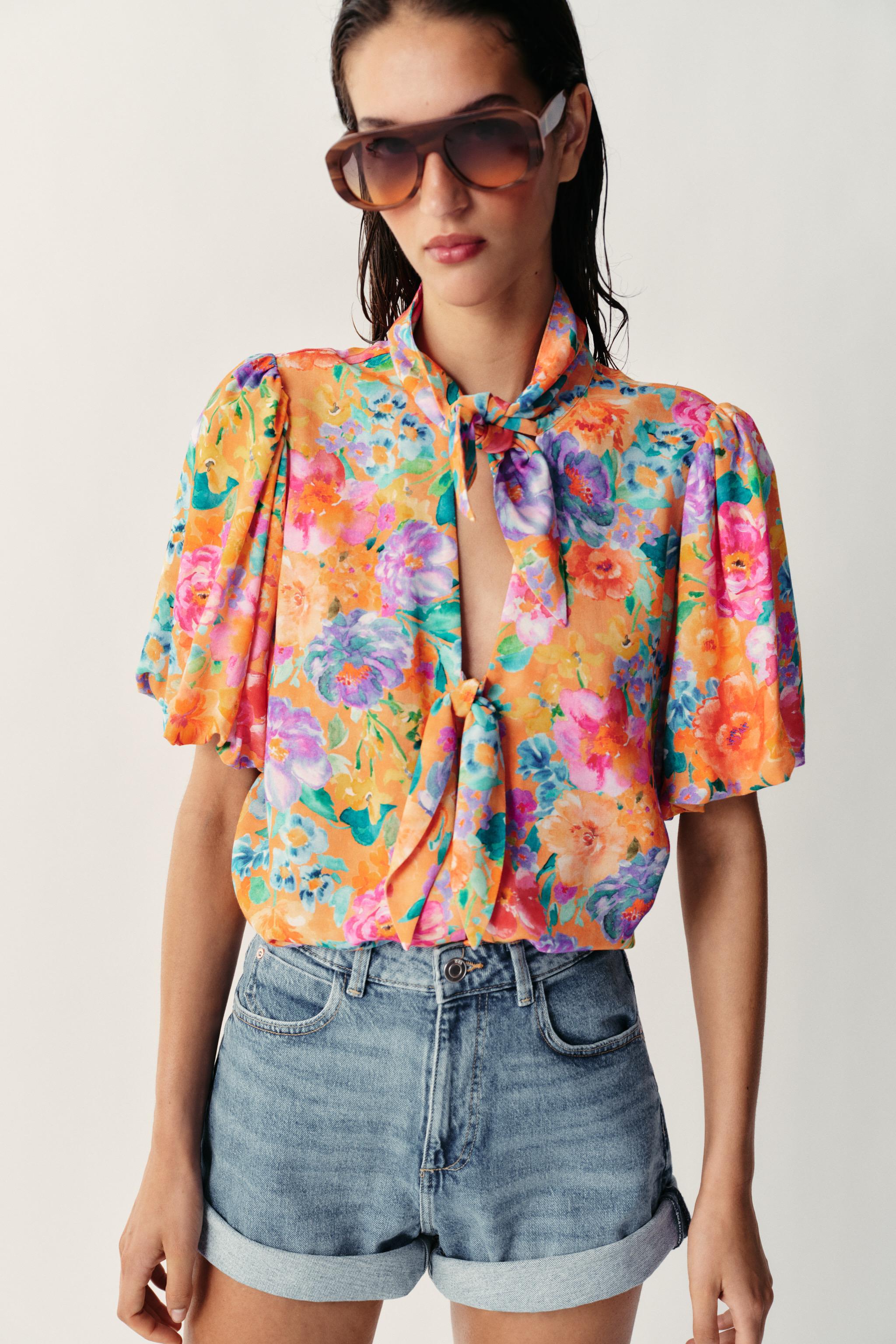 FLORAL PRINT TIE-FRONT SHIRT — Multicolored