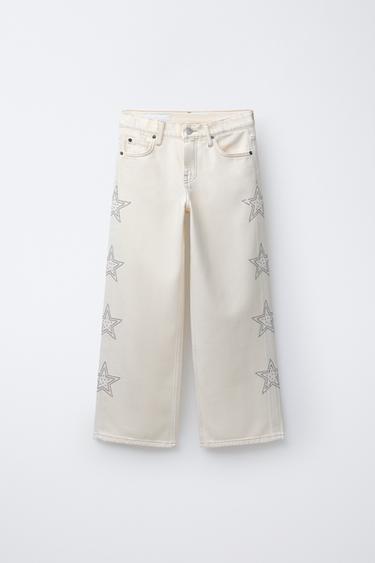 WIDE-LEG JEANS WITH STARS AND STUDS - Ecru by Zara