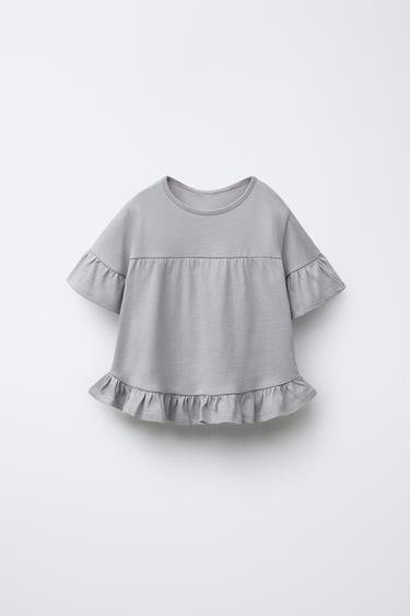 Zara PLAIN RUFFLED T-SHIRT - Pearl gray