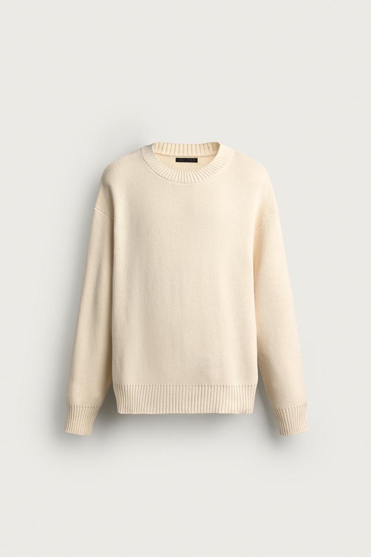 RELAXED FIT 100% COTTON SWEATER — Ecru