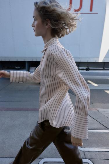 CHEMISE À RAYURES AVEC POIGNETS LARGES - Écru / Grenat de Zara - Image 6