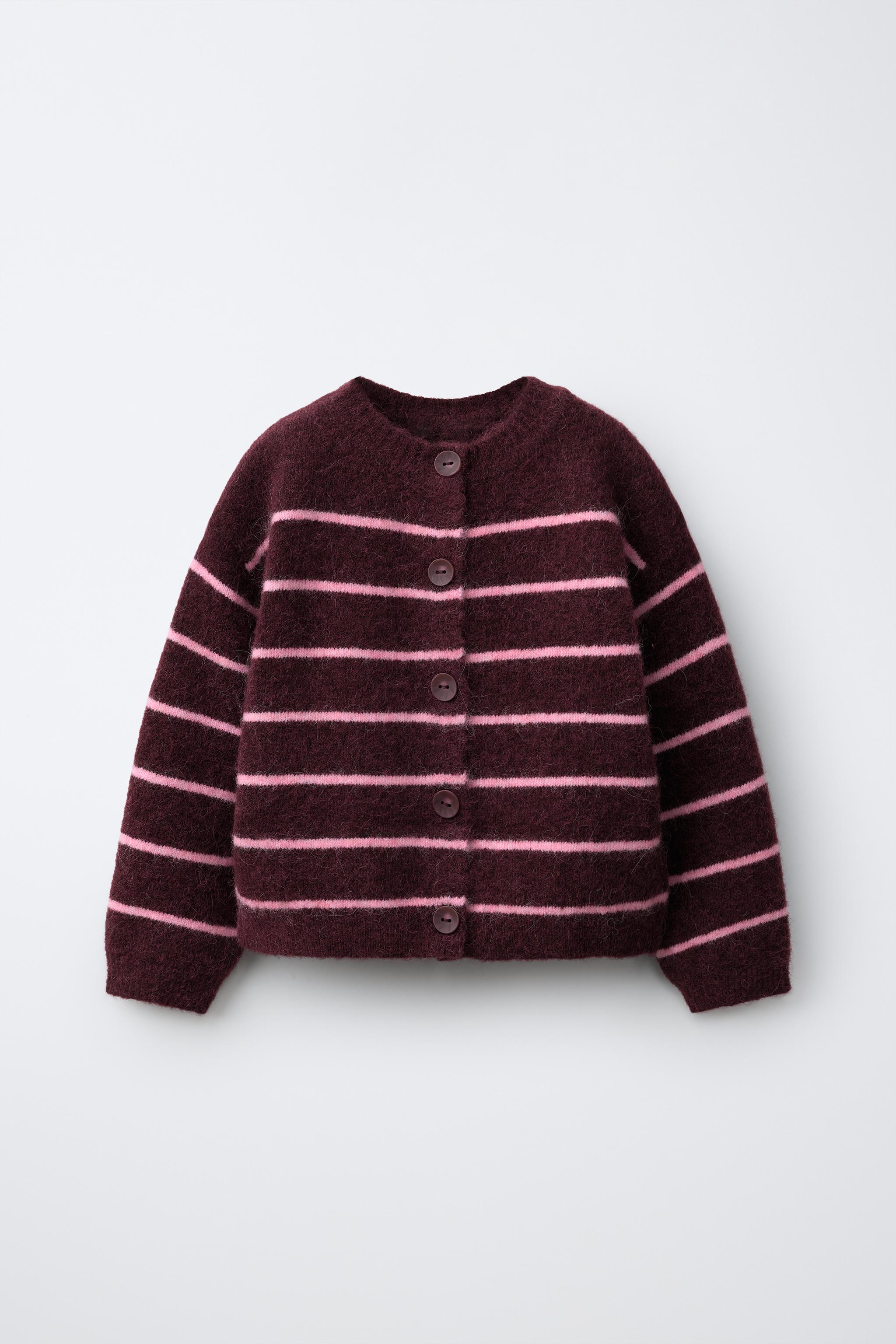 WOOL AND ALPACA BLEND STRIPED CARDIGAN — Burgundy
