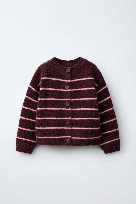 STRIPED WOOL AND ALPACA KNIT CARDIGAN - Burgundy by Zara - Image 0