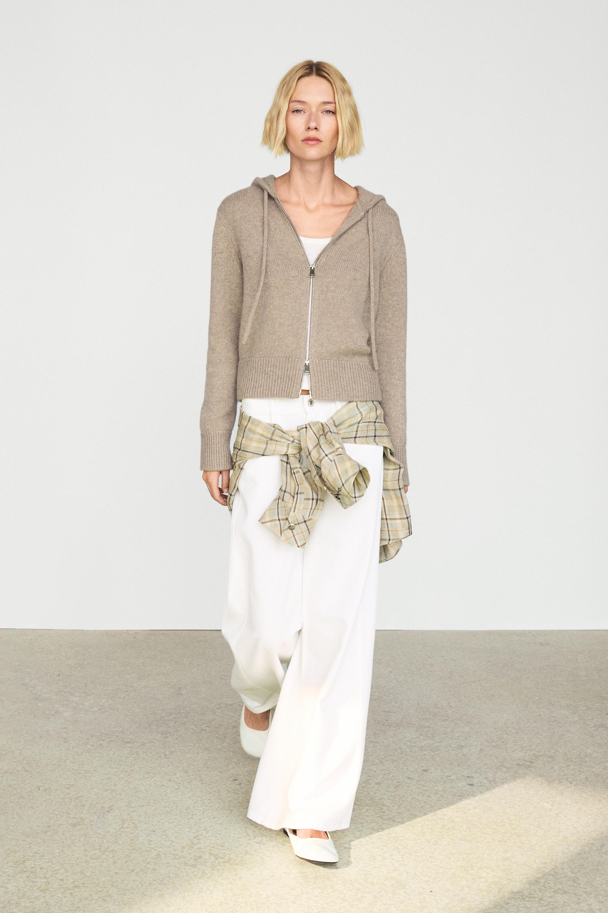 100% cashmere hooded zip-up cardigan — Beige