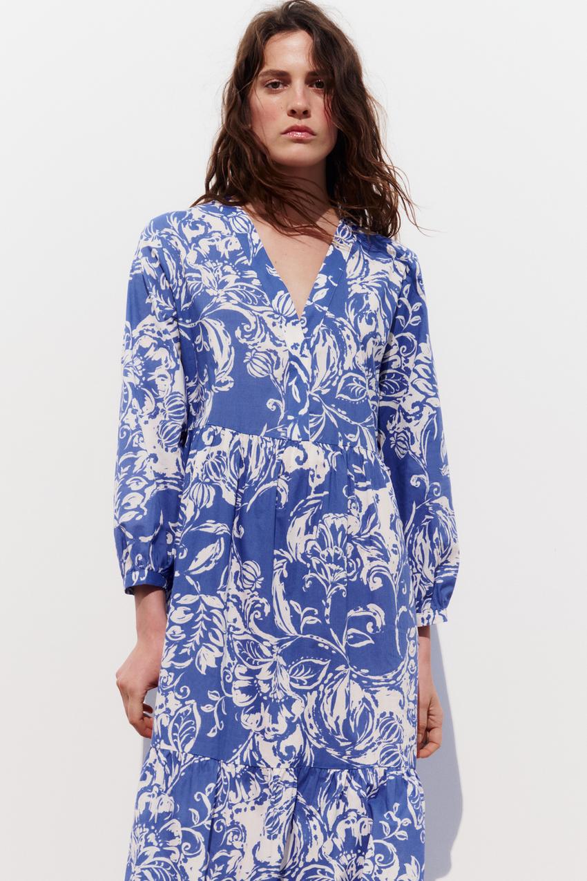 PRINTED TIERED DRESS - Blue / White