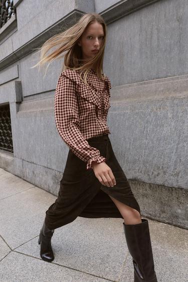 GINGHAM BLOUSE WITH RUFFLES - Burgundy by Zara