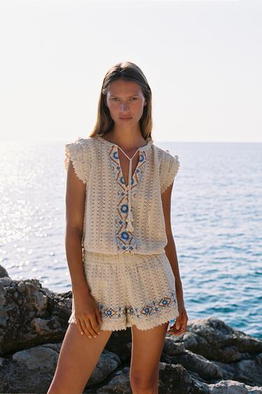 SHORT CROCHET BRODÉ - Écru de Zara