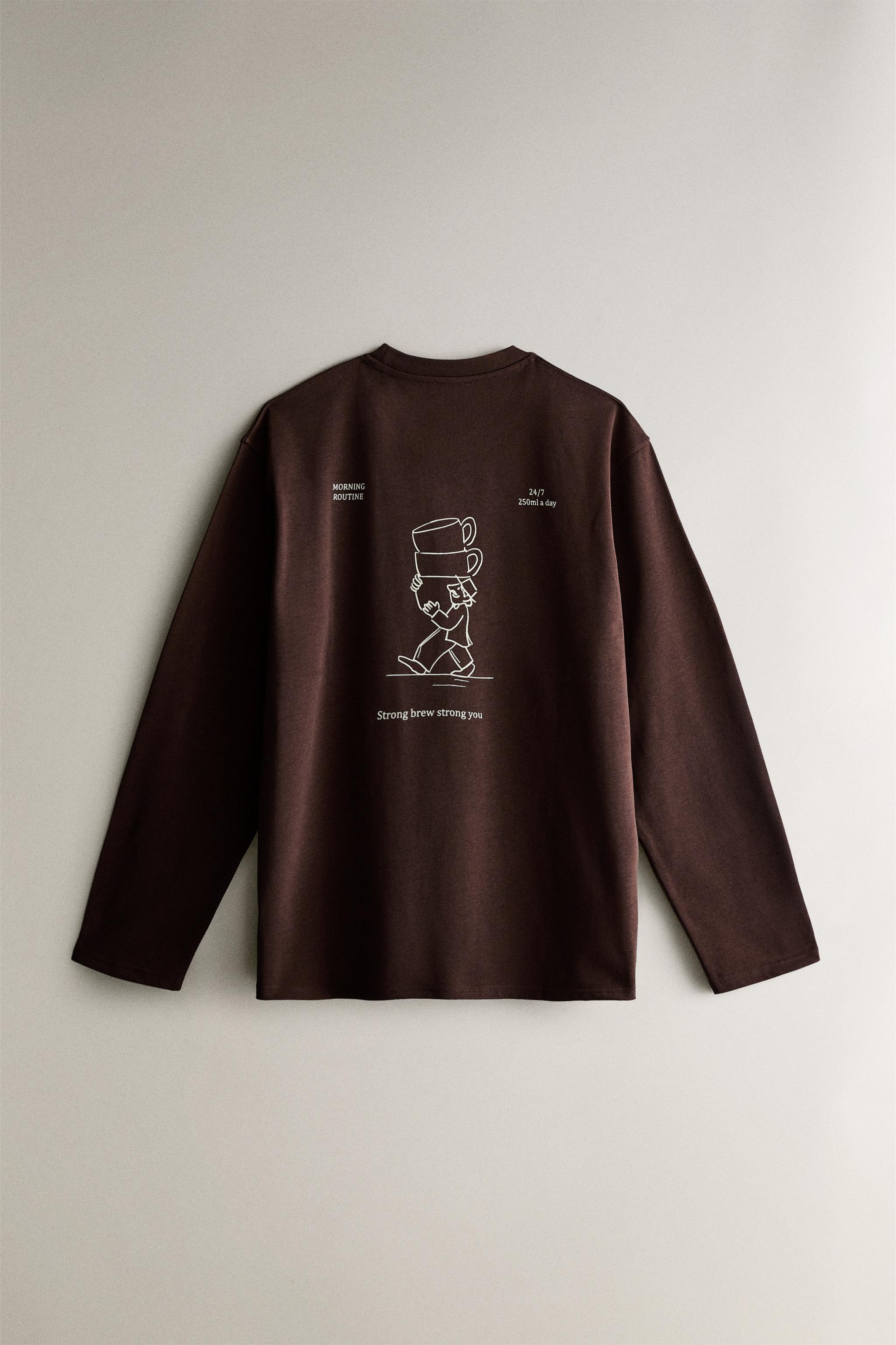 TEXT LONG SLEEVE T-SHIRT - Brown | ZARA United States