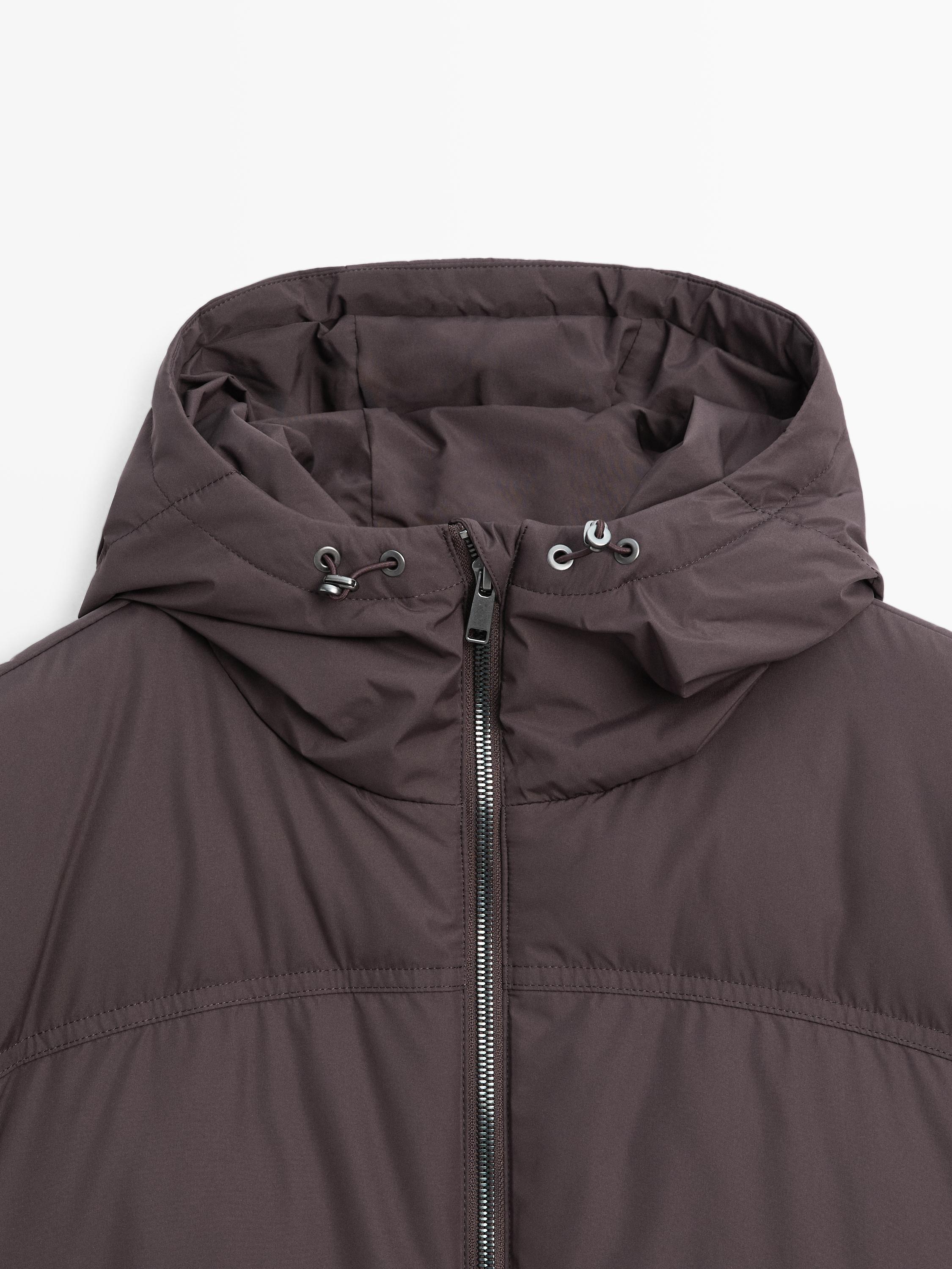 Long water-repellent hooded puffer jacket