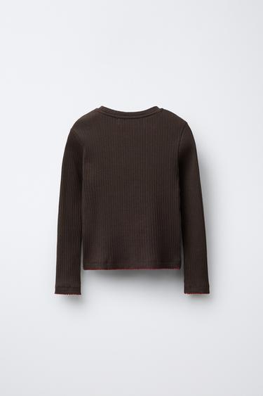 RIBBED EMBROIDERED T-SHIRT - Brown by Zara - Image 1