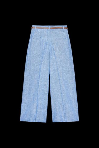 LINEN BLEND CULOTTES WITH BELT - Light blue by Zara