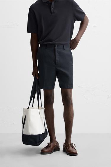 ШОРТИ ЗІ 100%-ГО ЛЬОНУ - Темно-синій/блакитний Zara