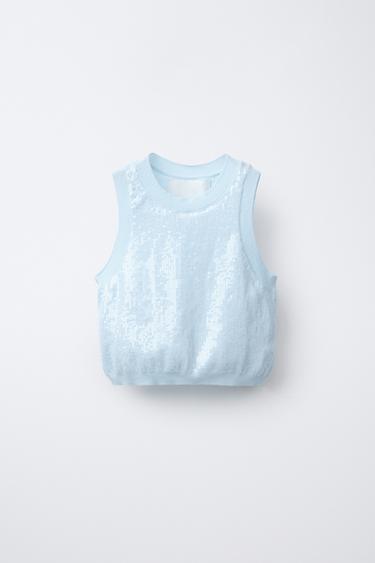 Zara SEQUIN KNIT TOP - Sky blue