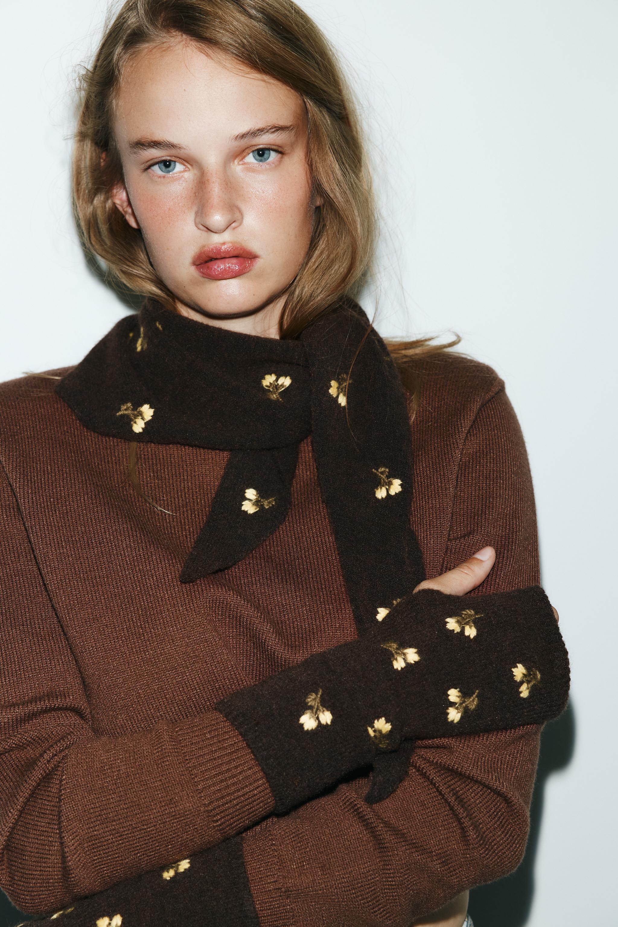 FLORAL EMBROIDERED KNIT MITTENS - Brown | ZARA United States