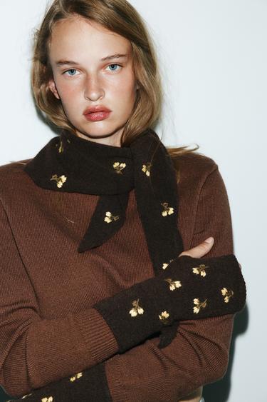 TRICOT WANTEN MET GEBORDUURDE BLOEMEN - Bruin van Zara