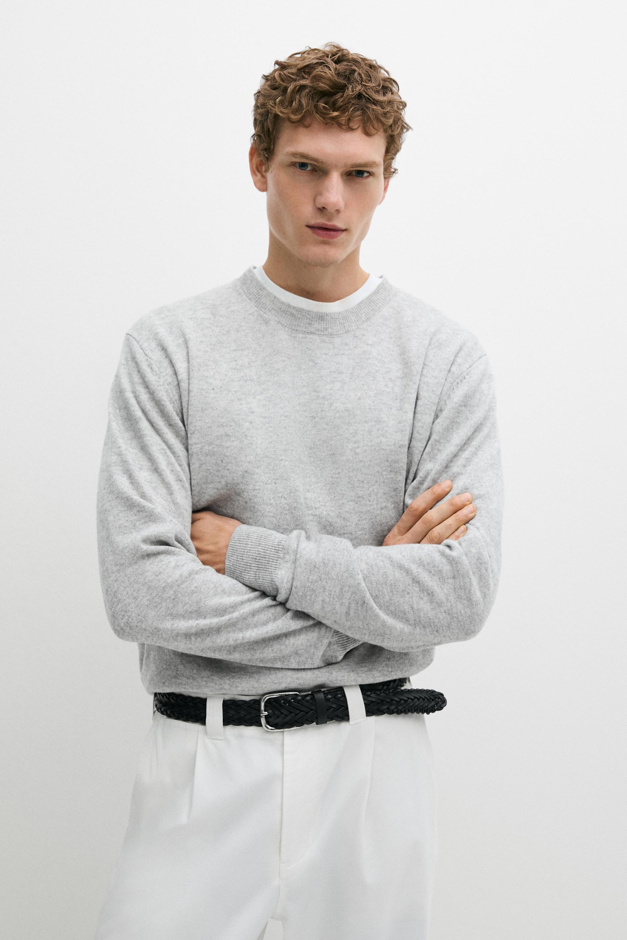 Wool blend round neck knit sweater — Gray marl