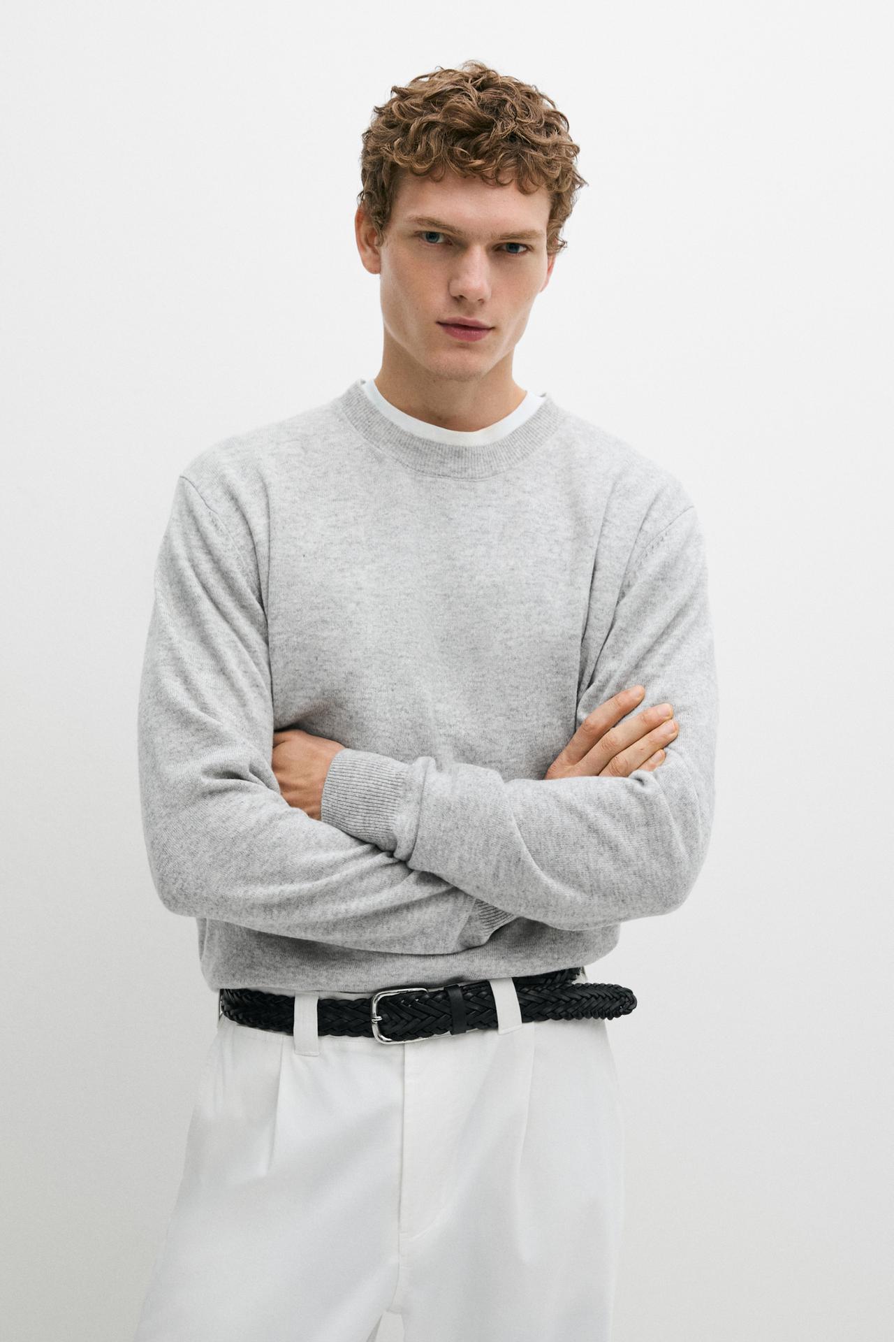 Wool blend round neck knit sweater — Gray marl