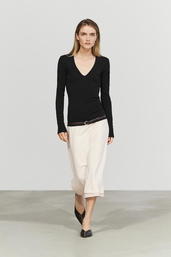 Zara Long sleeve V-neck T-shirt - Black - Image 0