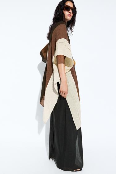 Zara Textured tricolor linen blend kaftan - Mink marl
