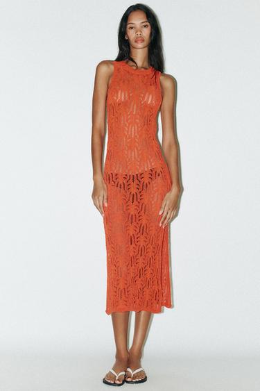 POINTELLE KNIT MIDI DRESS - Orange by Zara