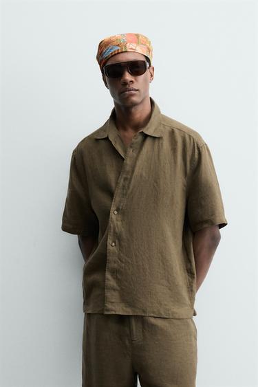 100% LINEN RELAXED FIT SHIRT - Dark khaki by Zara