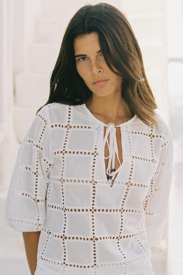 SHORT BLOUSE WITH CUTWORK EMBROIDERY - White by Zara