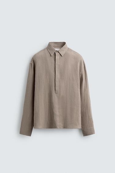 قميص بولو 100% كتان - رمادي داكن by Zara
