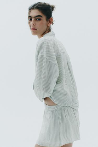 OVERSIZE STRIPED GAUZE SHIRT - White / Green by Zara