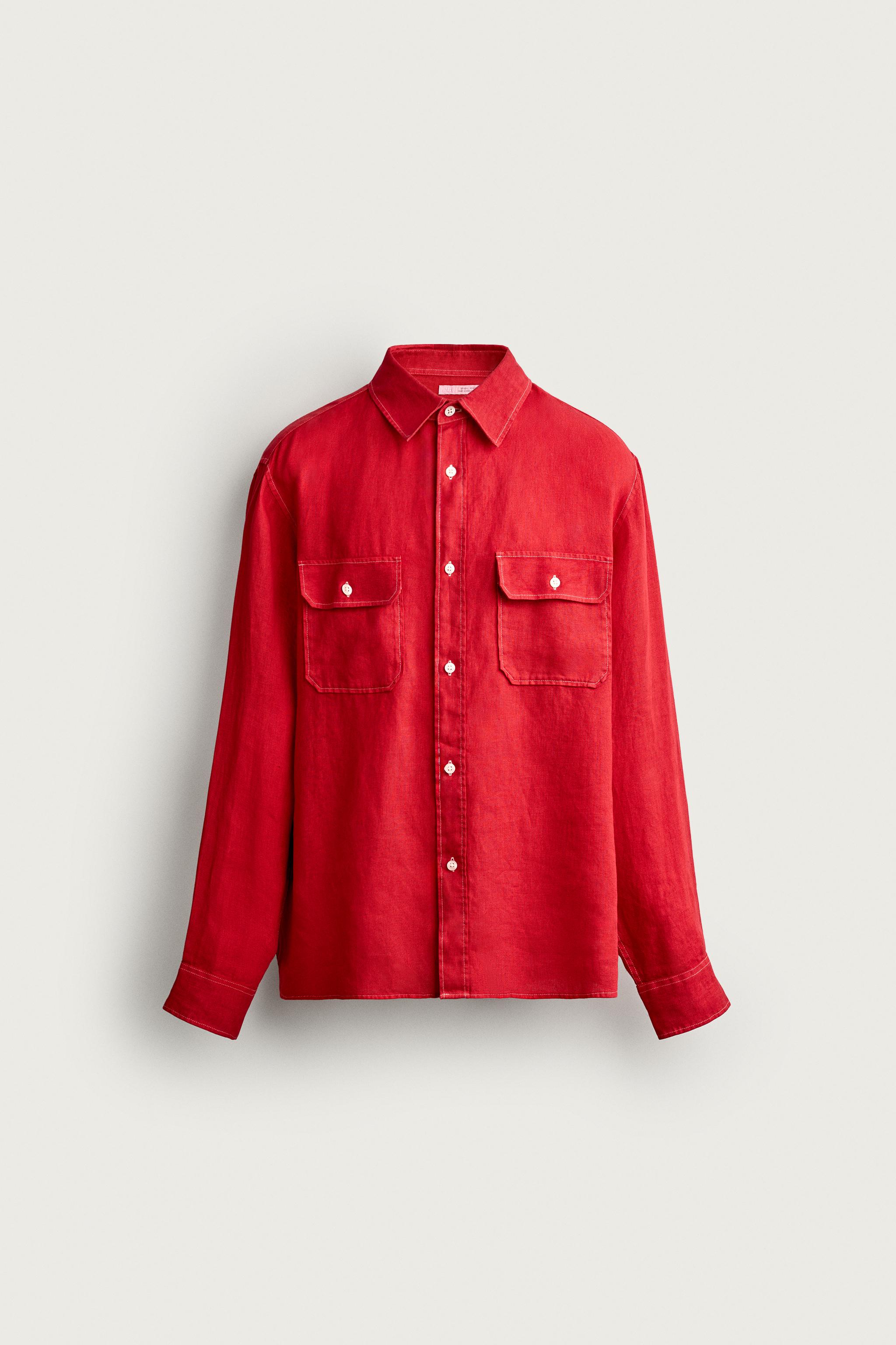 100% LINEN REGULAR FIT OVERSHIRT — Red