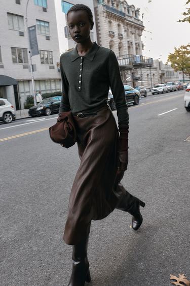 FAUX LEATHER MIDI SKIRT WITH BELT - Burgundy by Zara