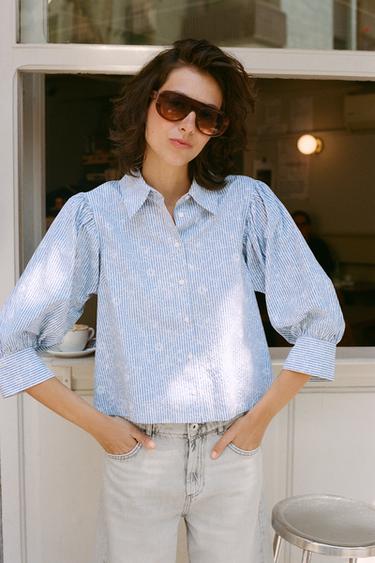 Zara STRIPED FLORAL PRINT SHIRT - Blue / White