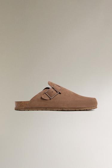 LEATHER CLOGS WITH BUCKLES - Brown by Zara