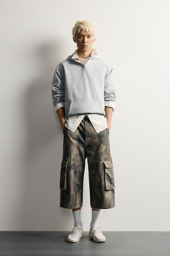 Zara 抽象印花工裝牛仔五分褲 - 卡其色 - 圖片 0