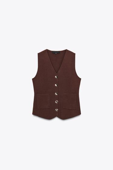 GOLDEN BUTTON KNIT WAISTCOAT - Brown by Zara