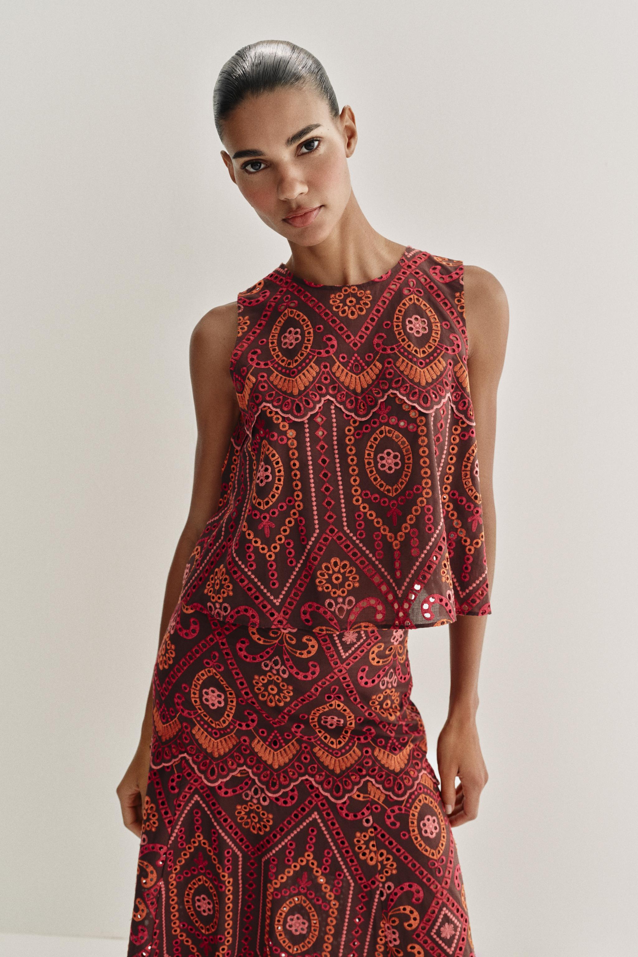 EMBROIDERED EYELET MIDI SKIRT