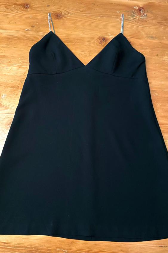 zara black mini dress with rhinestone straps SECOND HAND Waist Size:50″ pdqreview V Neck Short Navy Model height