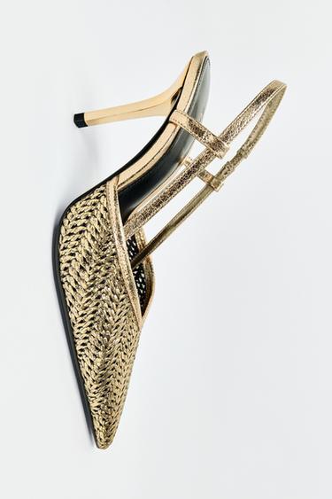 METALLIC BRAIDED EFFECT HEELED SLINGBACK SHOES - Gold by Zara