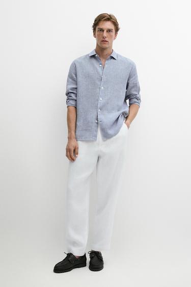Zara 100% linen regular fit gingham shirt - Navy blue