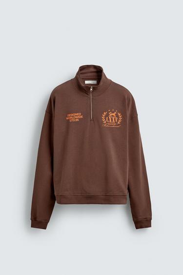 SWEATSHIRT MET RITS EN CONTRASTERENDE TEKSTEN - Bruin van Zara