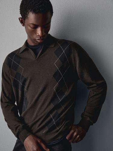 Zara Wool blend argyle knit polo sweater - Brown