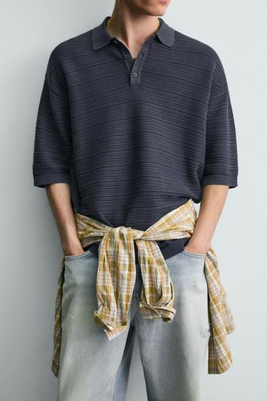 WASHED TEXTURED RELAXED FIT KNIT POLO SHIRT - Navy blue by Zara - Image 4