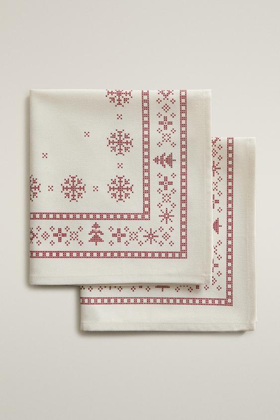 Zara PACK OF CHRISTMAS BORDER PRINT COTTON NAPKINS (PACK OF 2) - White - Image 0