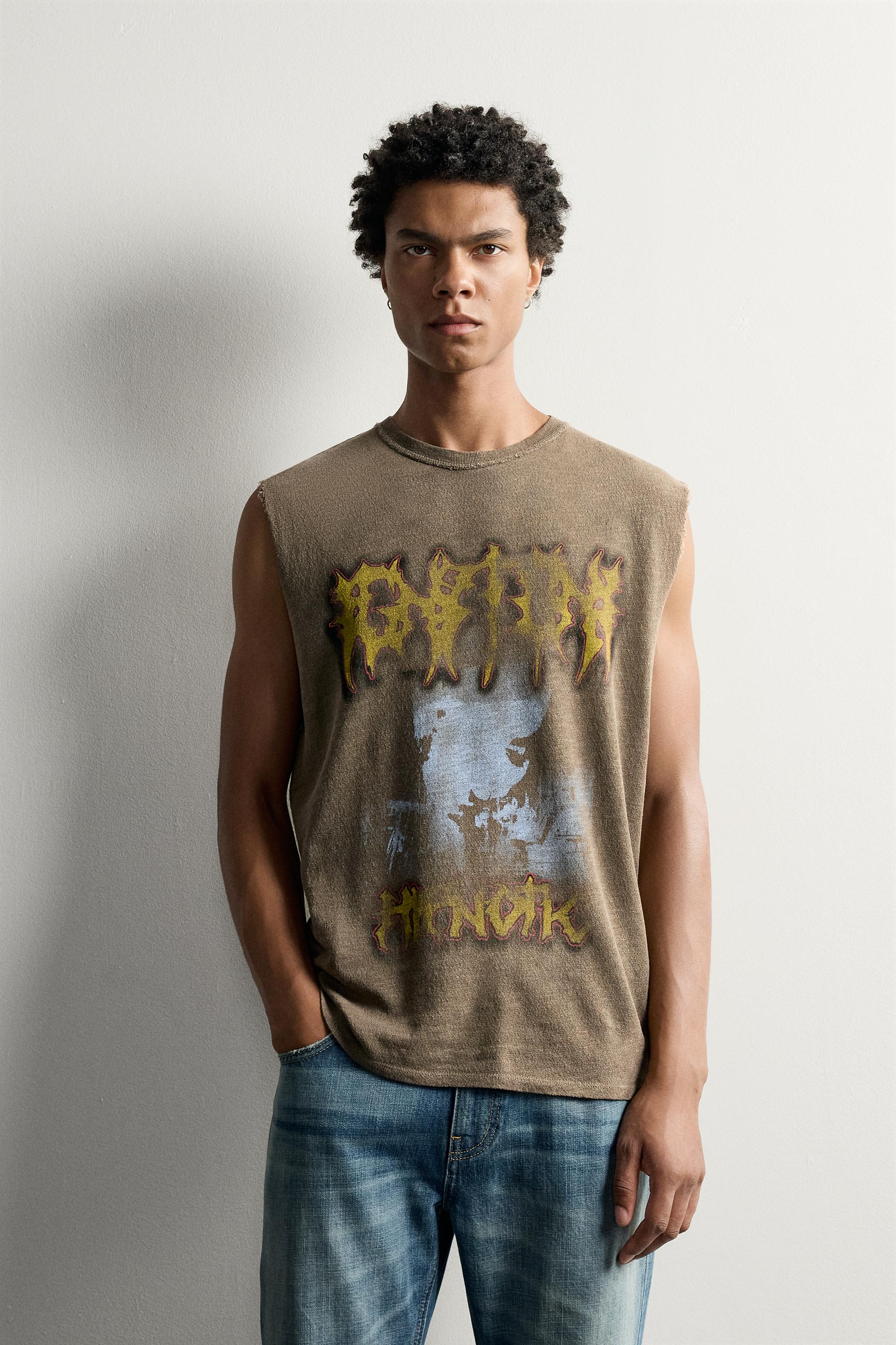 WASHED GRAPHIC KNIT TANK TOP — Brown