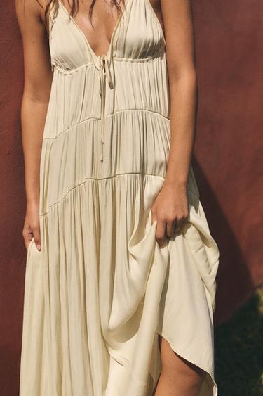 ROBE LONGUE SATINÉE À PLIS - Jaune clair de Zara - Image 3