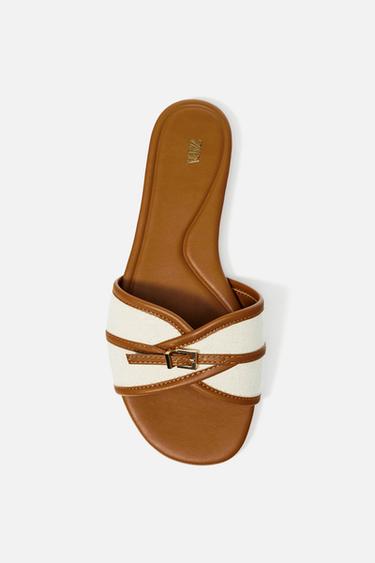 Zara FLAT CANVAS SANDALS WITH BUCKLE - Dark tan