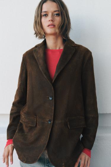 Zara 100% SUEDE LEATHER BLAZER ZW COLLECTION LIMITED EDITION - Brown
