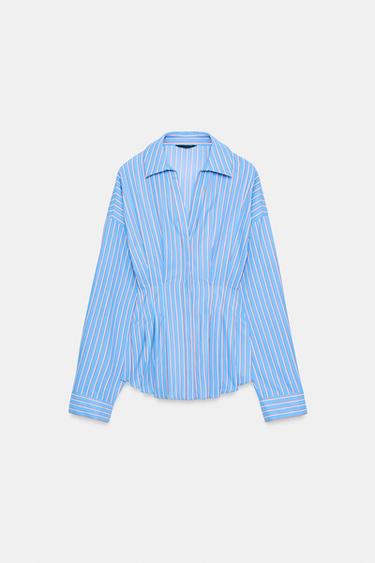 Zara STRIPED POPLIN SHIRT WITH PLEATS - Red Stripe
