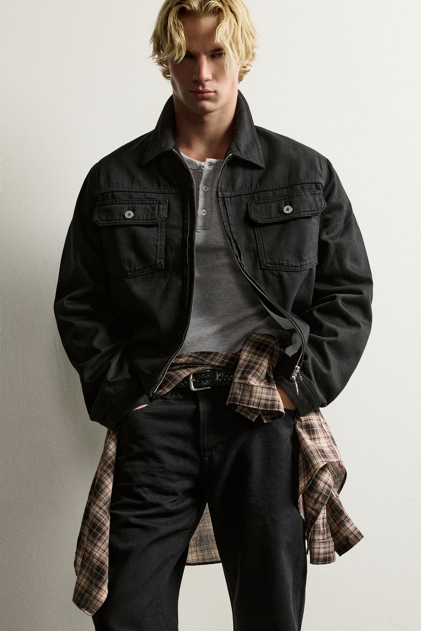 Мужская куртка Zara Denim Zip Jacket with Tab, цвет: Чёрный — фото 6