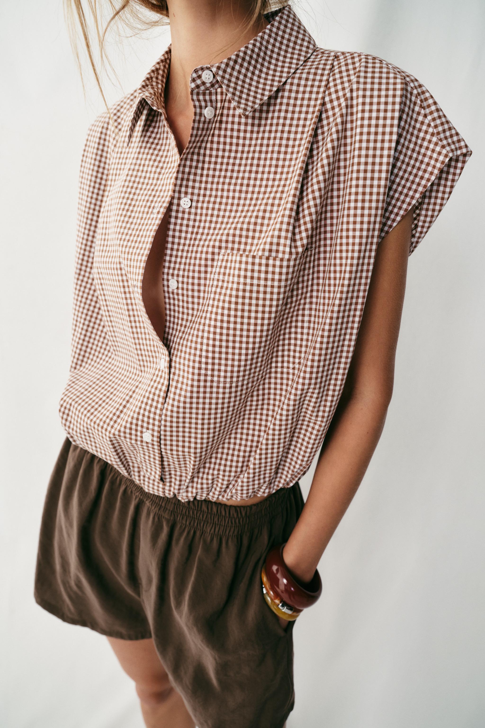 BALLOON CROPPED SHIRT — Brown / White