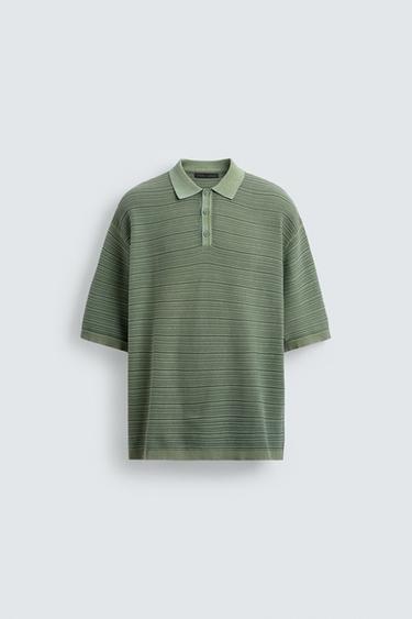 Zara 水洗紋理寬鬆針織POLO衫 - 淡綠色